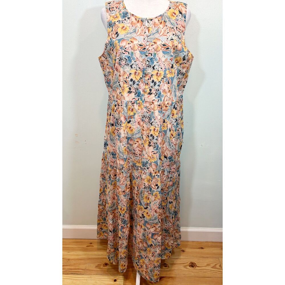J.JILL Cotton Tiered Maxi Cotton Floral Dress Size M Blue Yellow Brown
